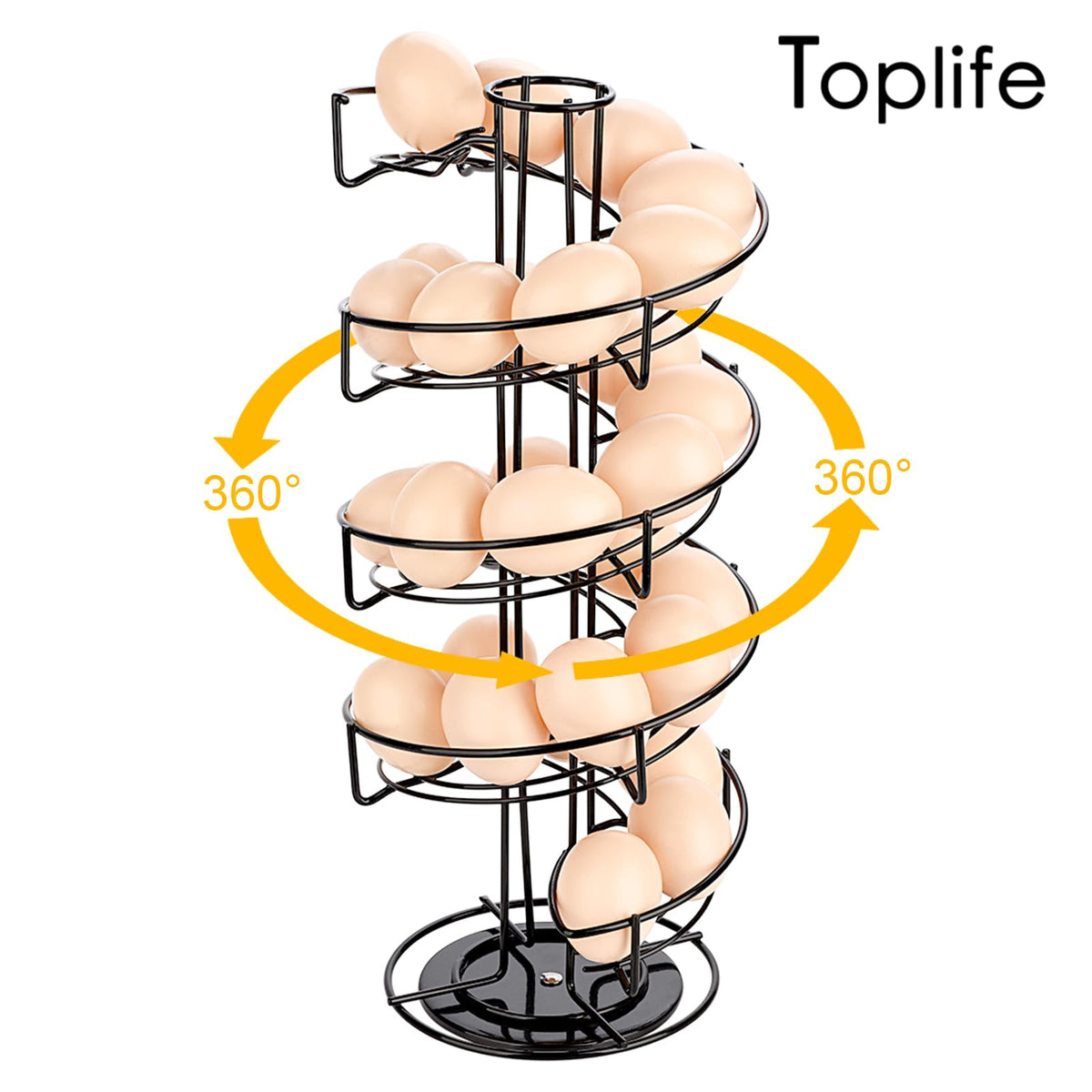 Toplife metal egg rack holds up to 3 dozen eggs with sturdy construction.