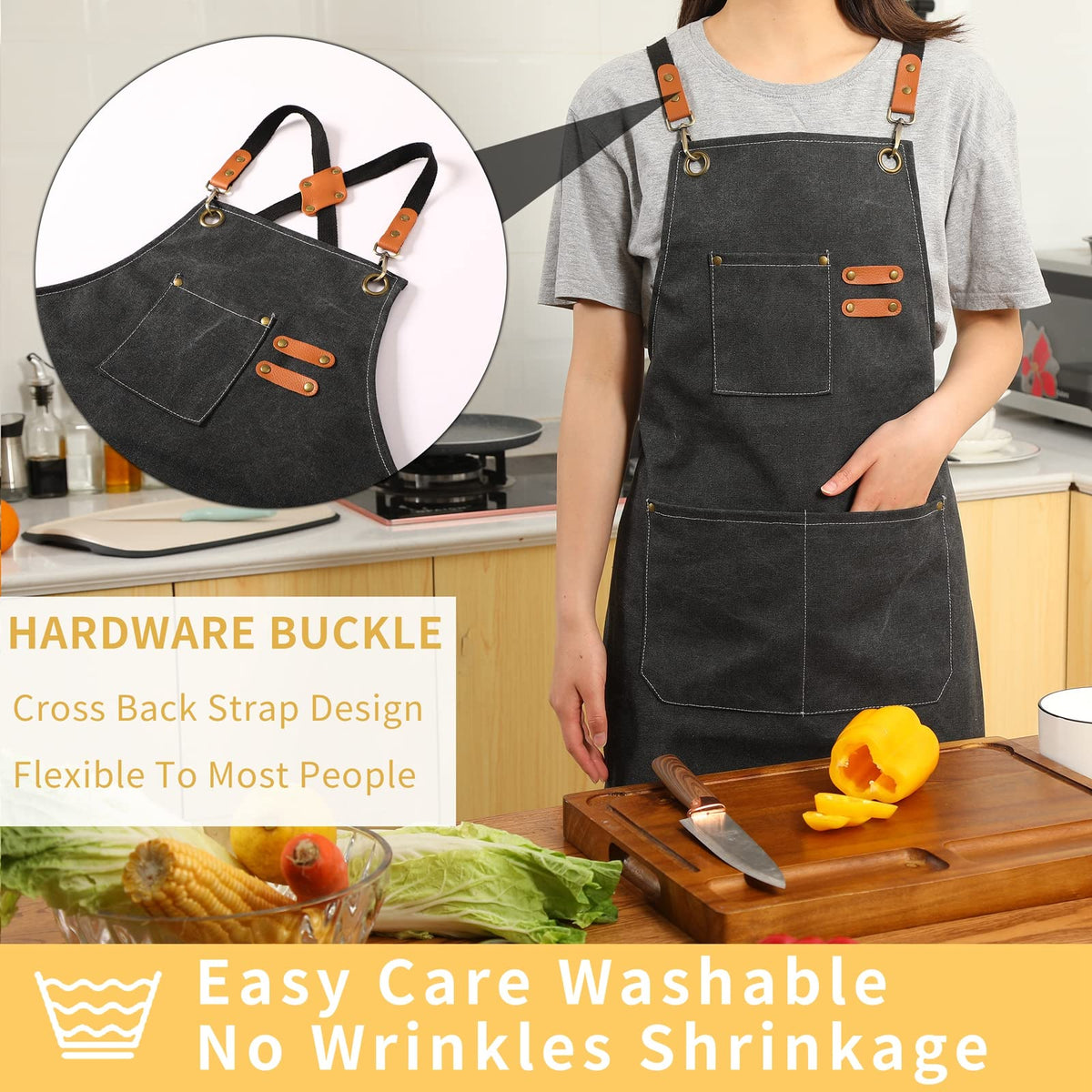 Tosewever apron front pockets visible for tools and phone while cooking.