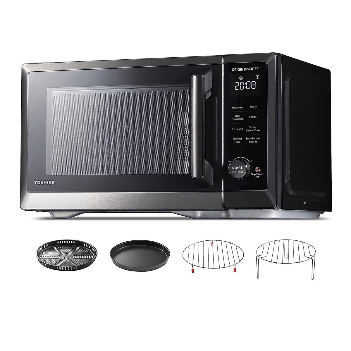 TOSHIBA countertop microwave air fryer combo showing compact footprint for small kitchens