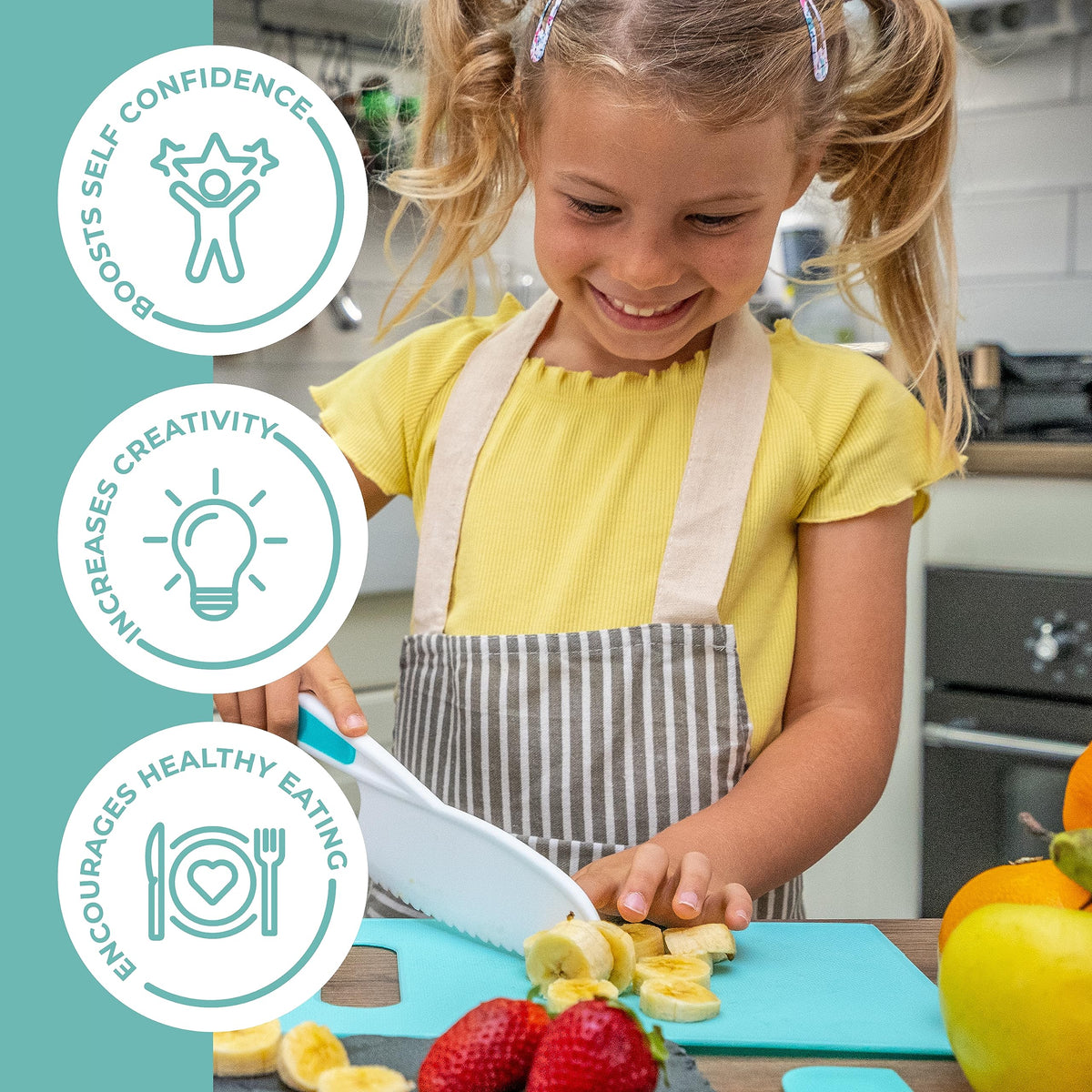 Tovla Jr child using knife to slice fruit safely.