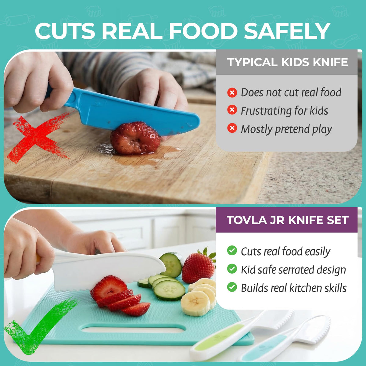 Tovla Jr knife in bowl cutting fruits and veggies during kid-friendly prep.