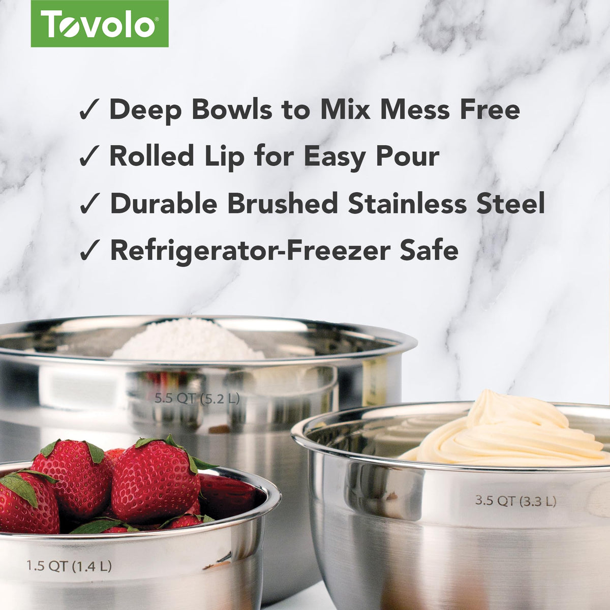Tovolo XL mixing bowl deep walls for mess-free mixing.