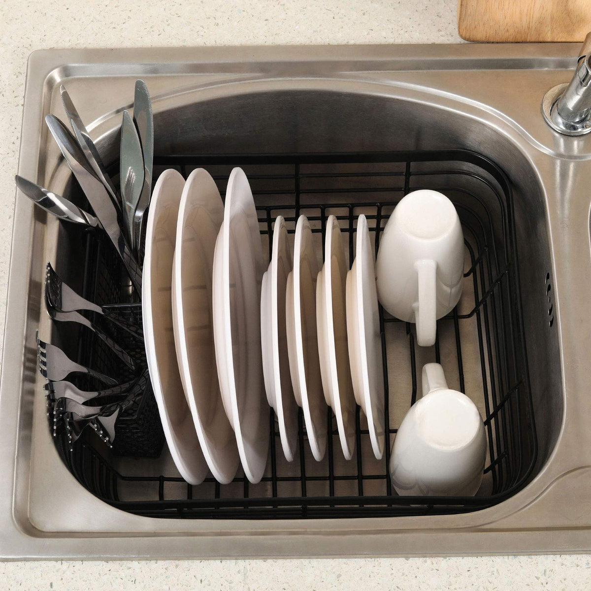 TQVAI dish drying rack side view highlights upright plate slots.