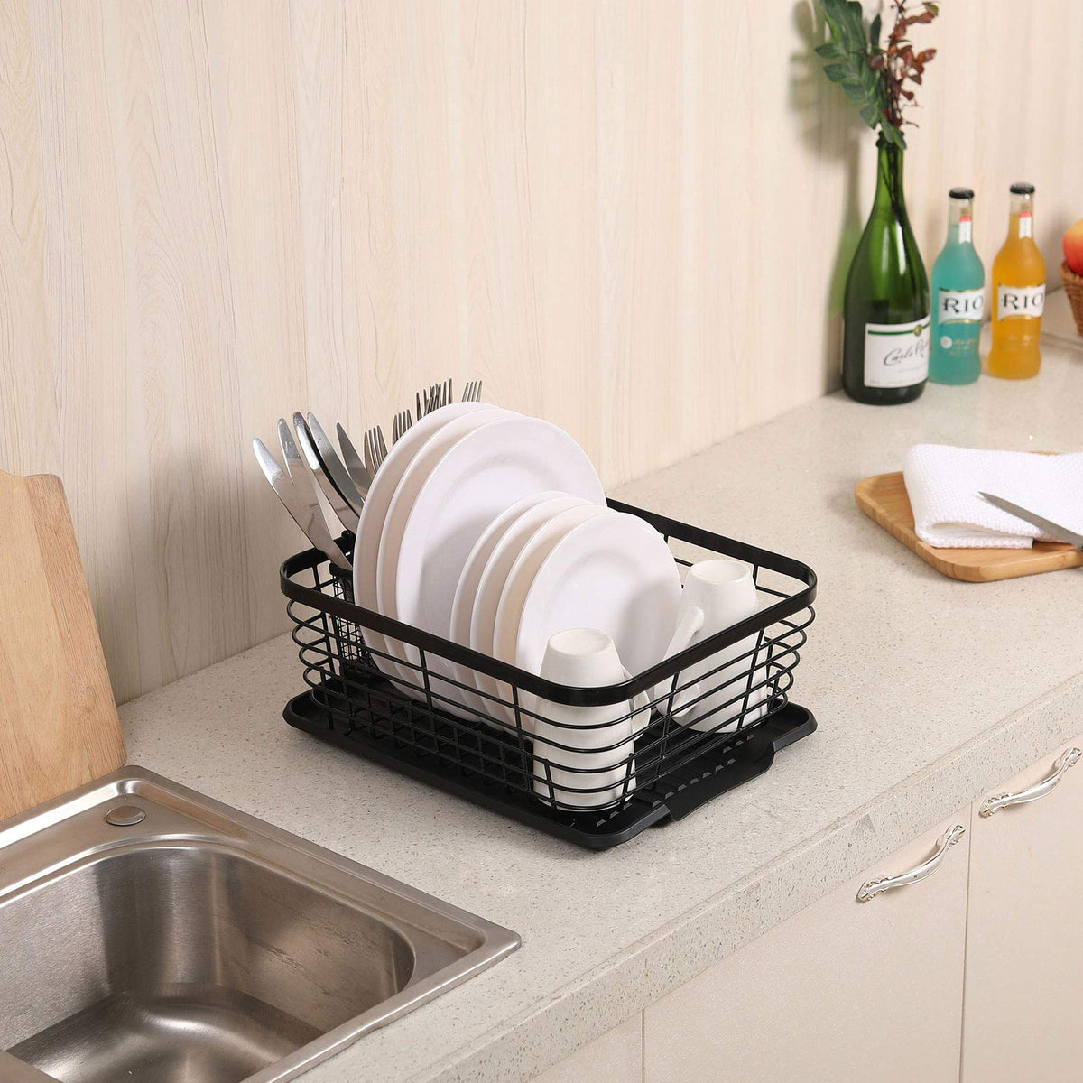TQVAI drain tray for dish rack catches drips and protects countertops.