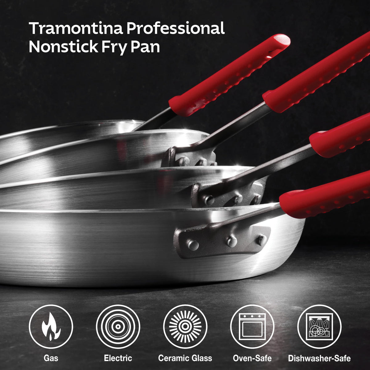 Tramontina Professional pan with removable silicone grip for oven versatility.