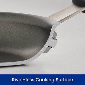 Pan on stove illustrating quick, even heat from heavy-gauge aluminum