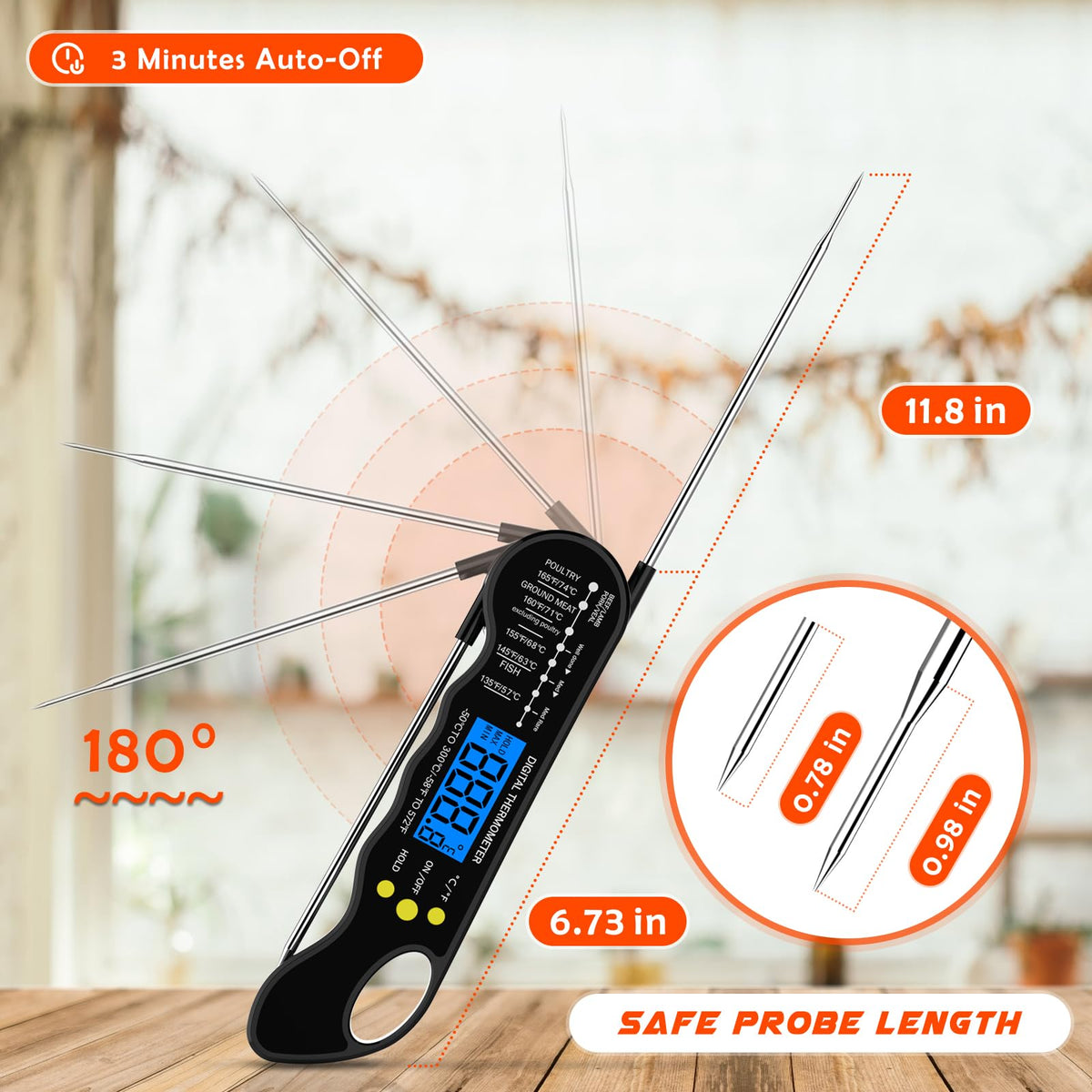 TRAUSI durable stainless steel probe minimizes meat damage during checks.