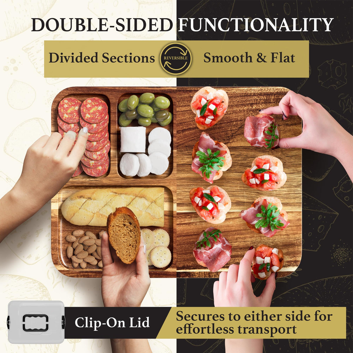 Trayful lidded charcuterie board provides secure transport and spill protection