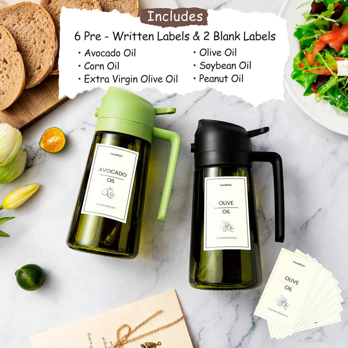 TrendPlain Original olive oil dispenser spray nozzle delivers a fine mist for even coating.