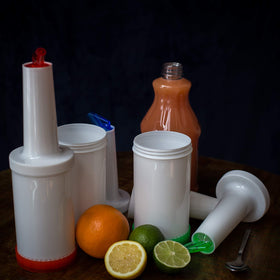 Trendy Bartender Flow N Stow 32oz capacity for bulk beverage prep.