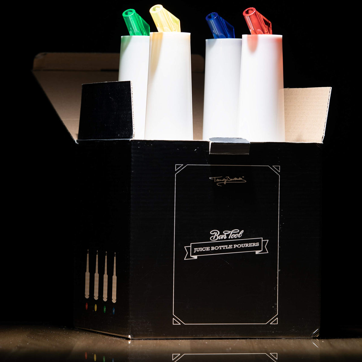Trendy Bartender Flow N Stow bottle lids keep contents fresh between uses.