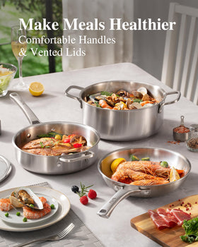 Tri-Ply Stainless Steel Cookware Set with 6.1-quart casserole pot and lid.