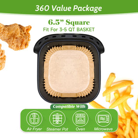 Tripho 360pcs unbleached square liners in use inside air fryer.