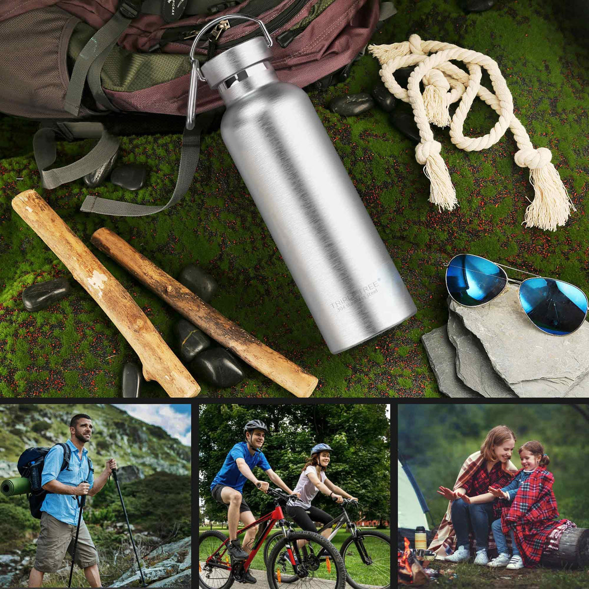 TRIPLE TREE bottle in outdoor setting ideal for hiking and camping