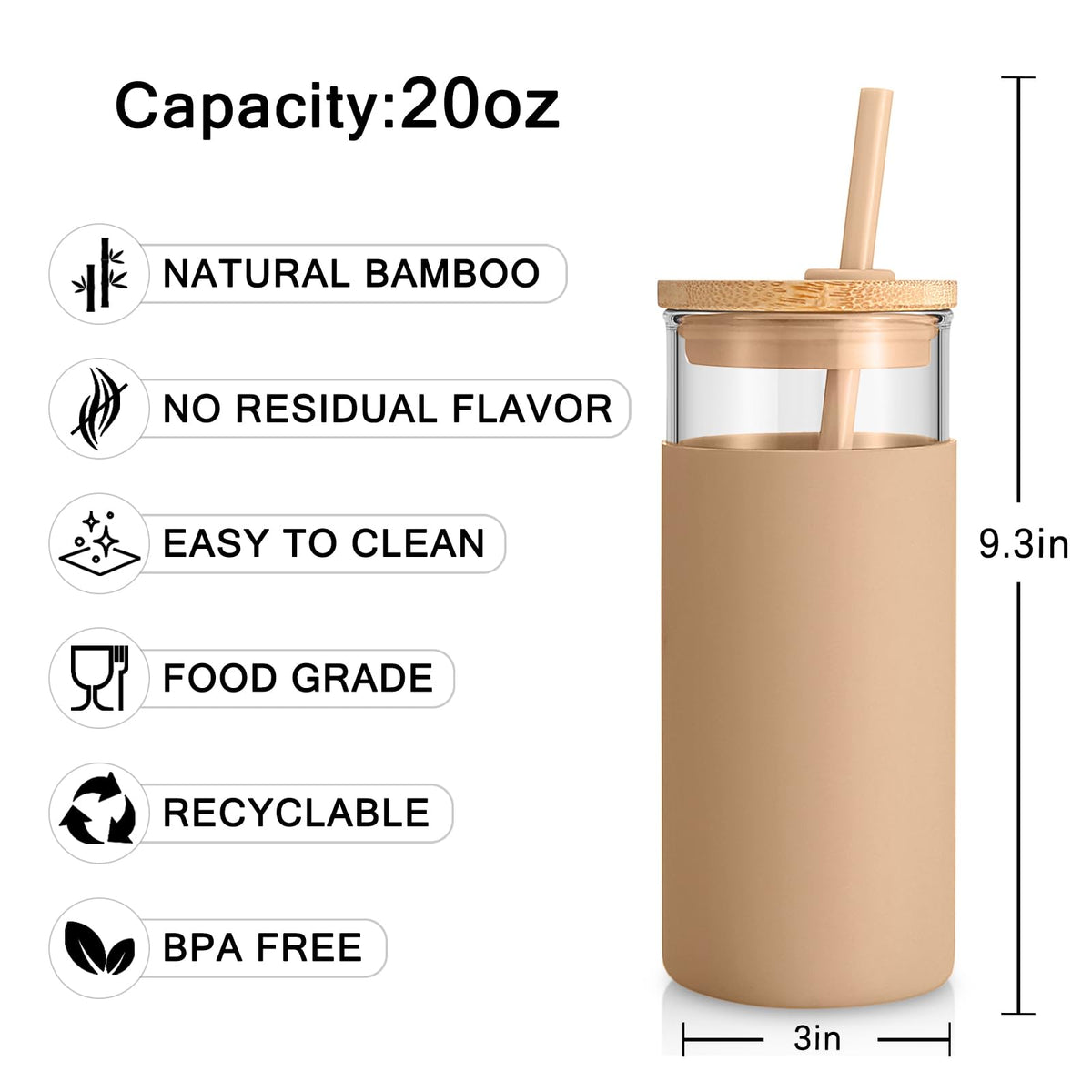 Tronco 20 oz glass tumbler with lid and straw for iced drinks