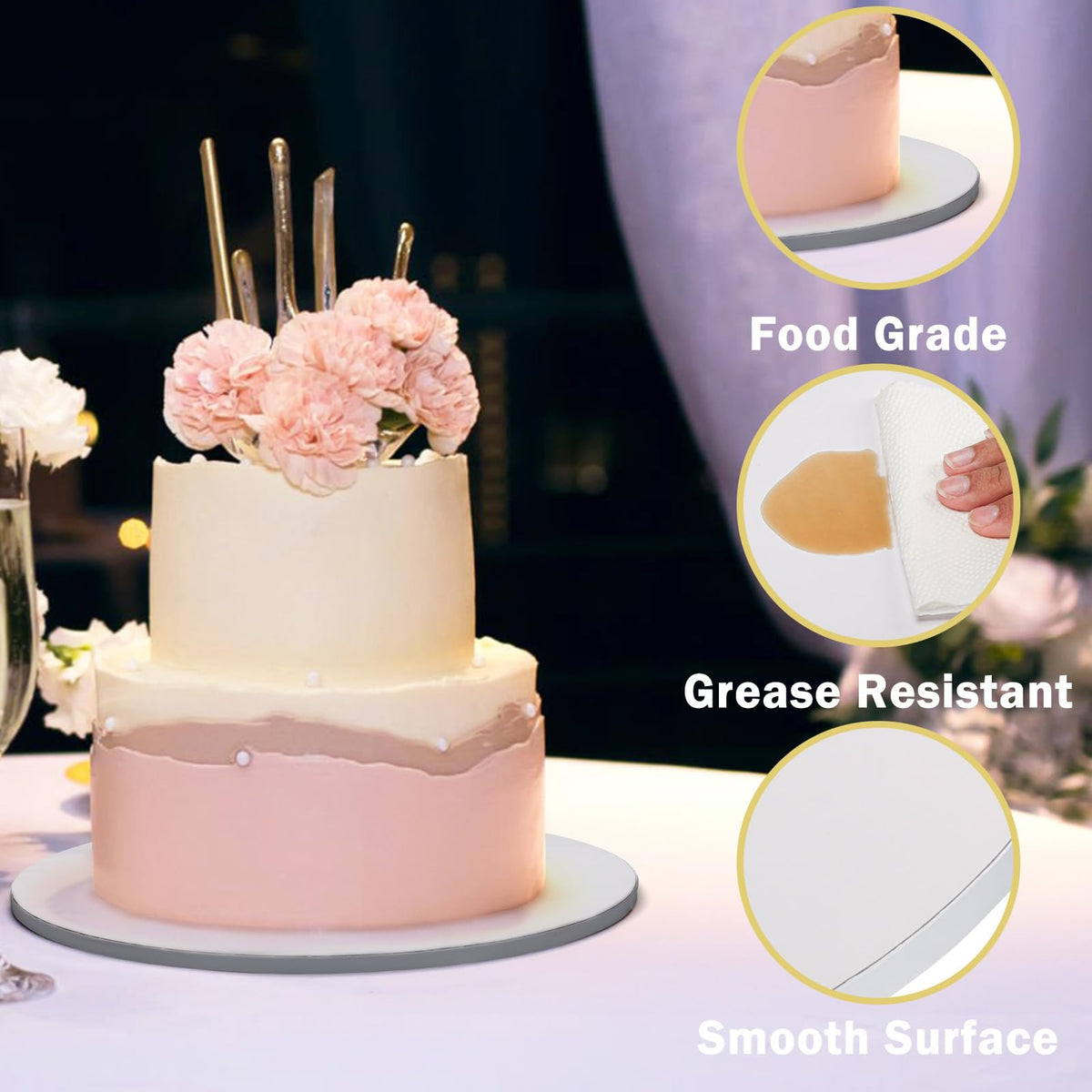 Trwcrt grease-resistant cake board keeps cakes pristine from prep to serving