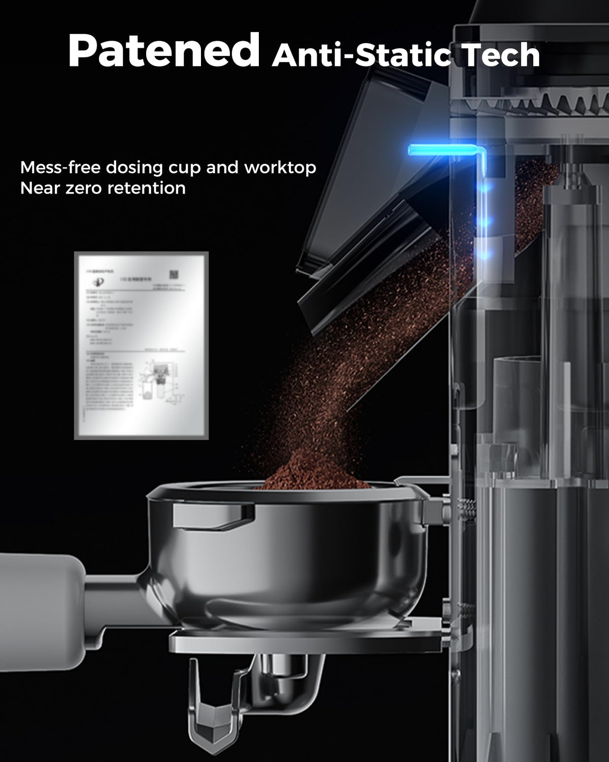 Tuni G1 detachable portafilter holder enables direct grinding into 54–58mm.