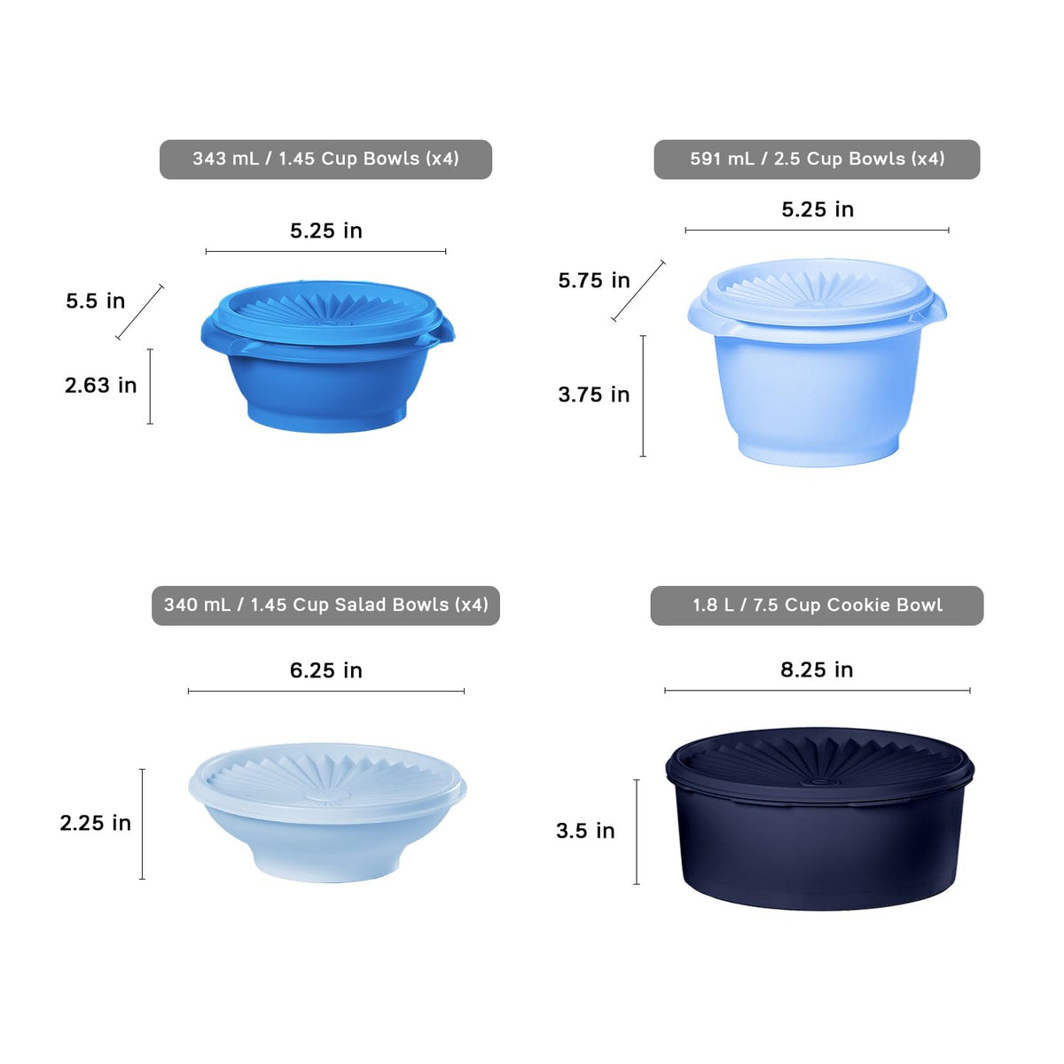 Tupperware Heritage nesting bowls arranged to demonstrate space-saving storage