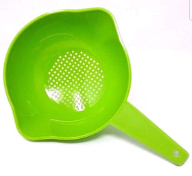 Tupperware small 1-quart colander with lime-green handle for easy draining.