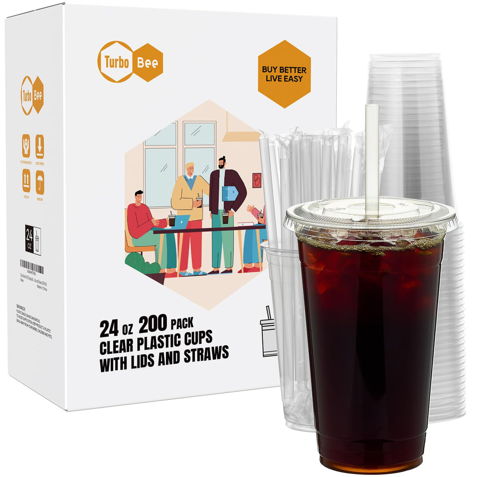 Turbo Bee 24oz clear cup with lid and straw for iced drinks on the go