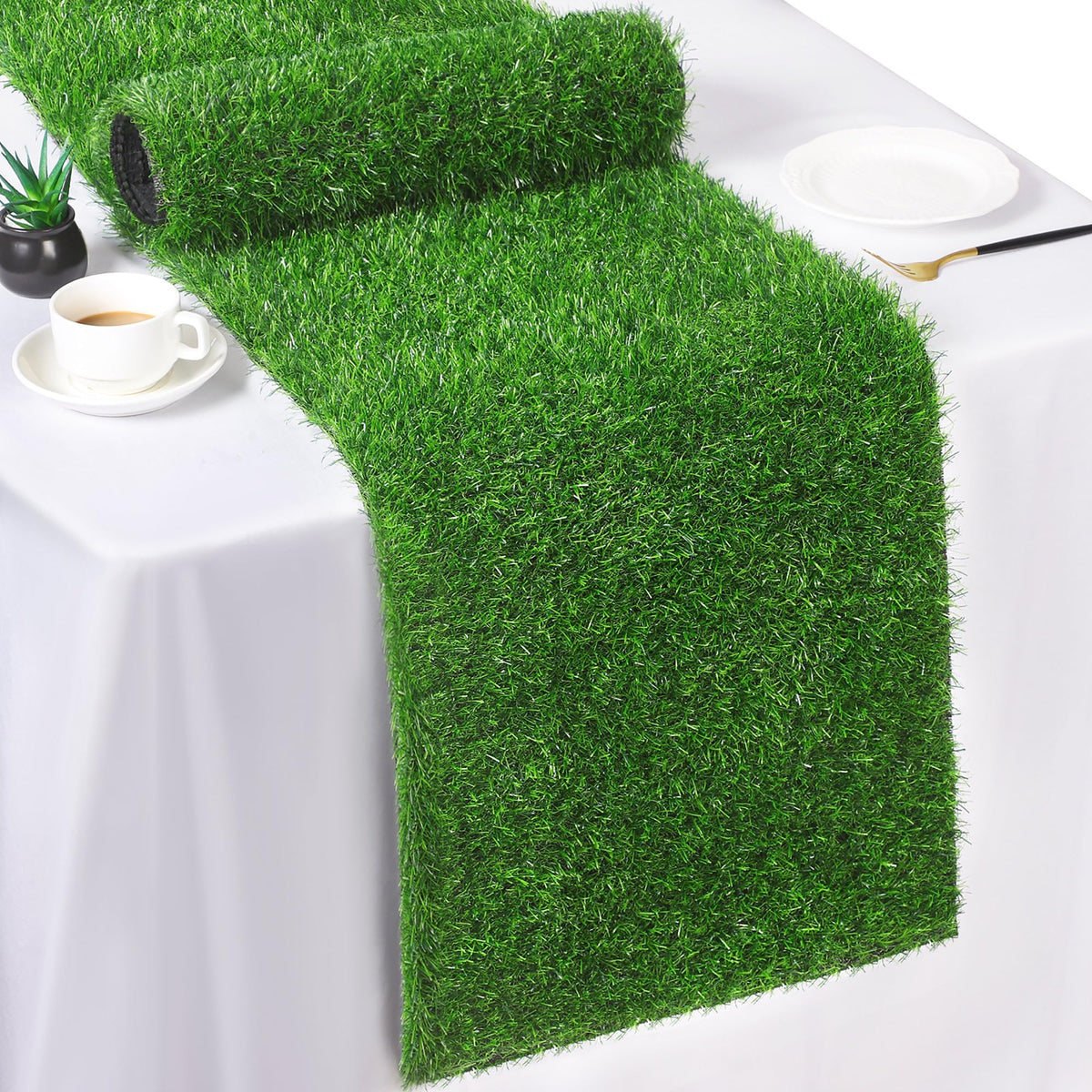 TURSTIN artificial grass table runner close-up highlights a natural look for table decor