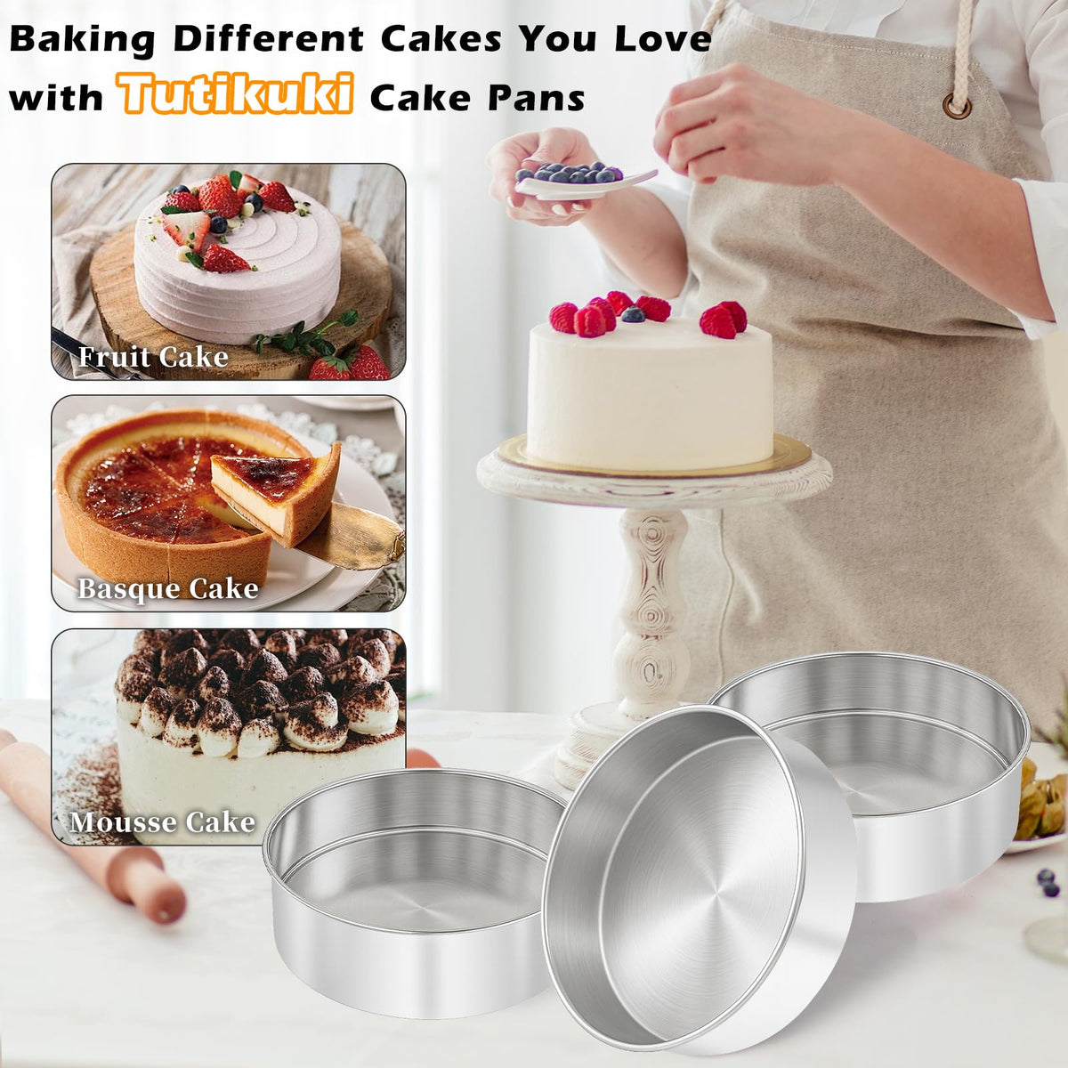 Tutikuki rolled rim 6inch pans prevent batter leakage during bake.