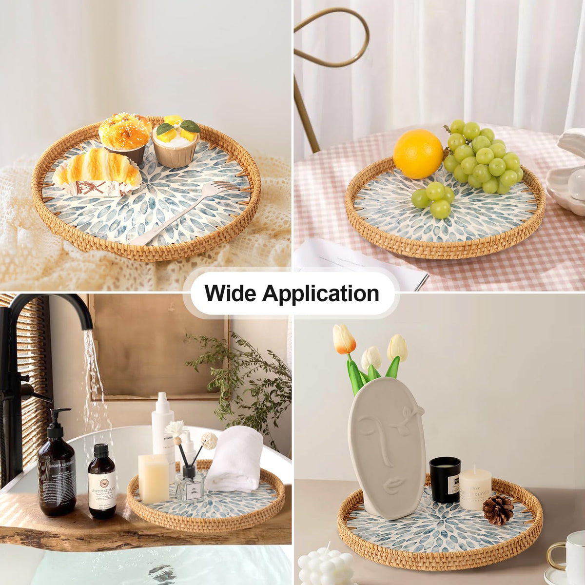 Tynulox light blue leaf pattern tray enhances living room decor.