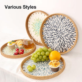 Tynulox rattan tray on coffee table keeps snacks organized.