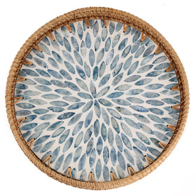 Tynulox round rattan tray with mother of pearl inlay for elegant display.