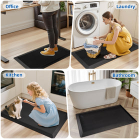 Tyrot easy-clean kitchen mat shown being wiped down after cooking mess