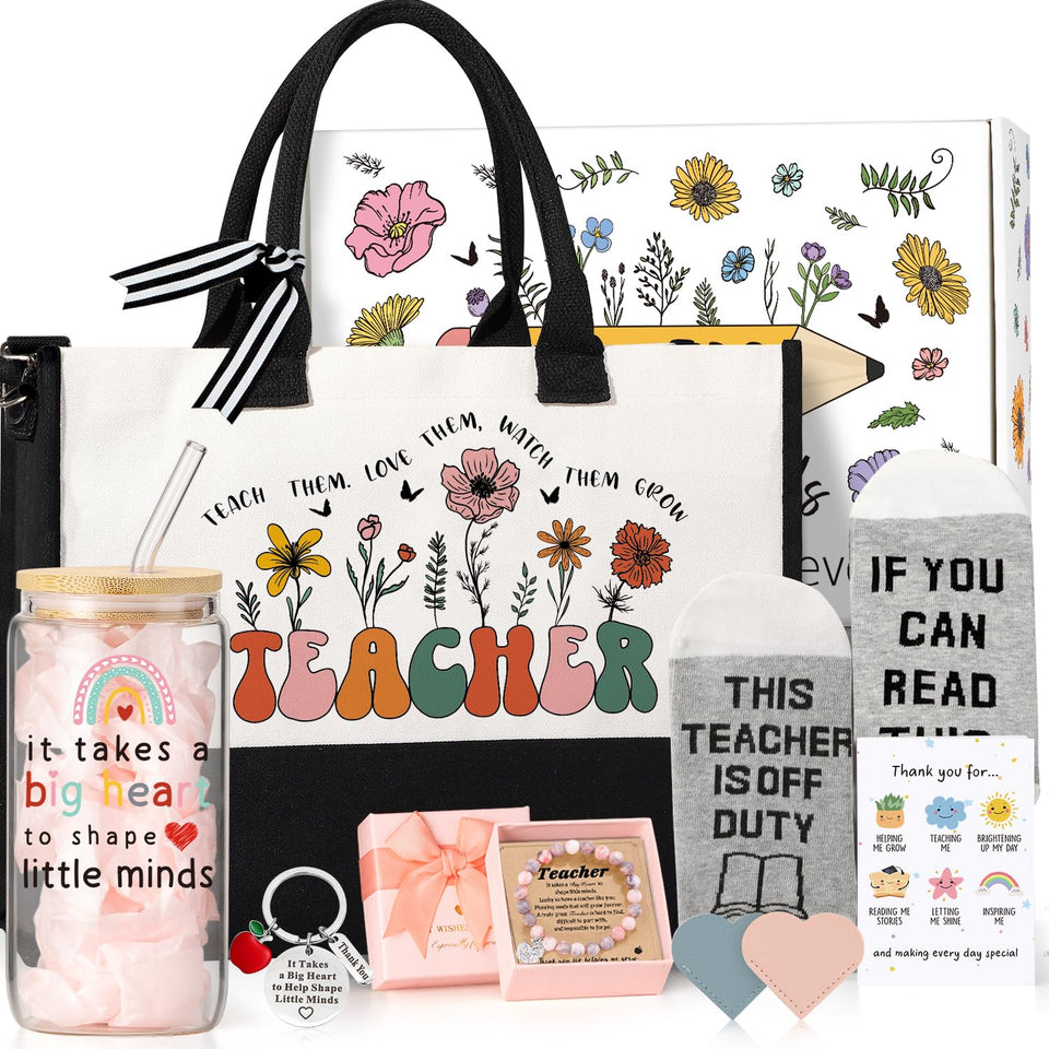 UAREHIBY canvas teacher gift bag with monogram design and durable straps.