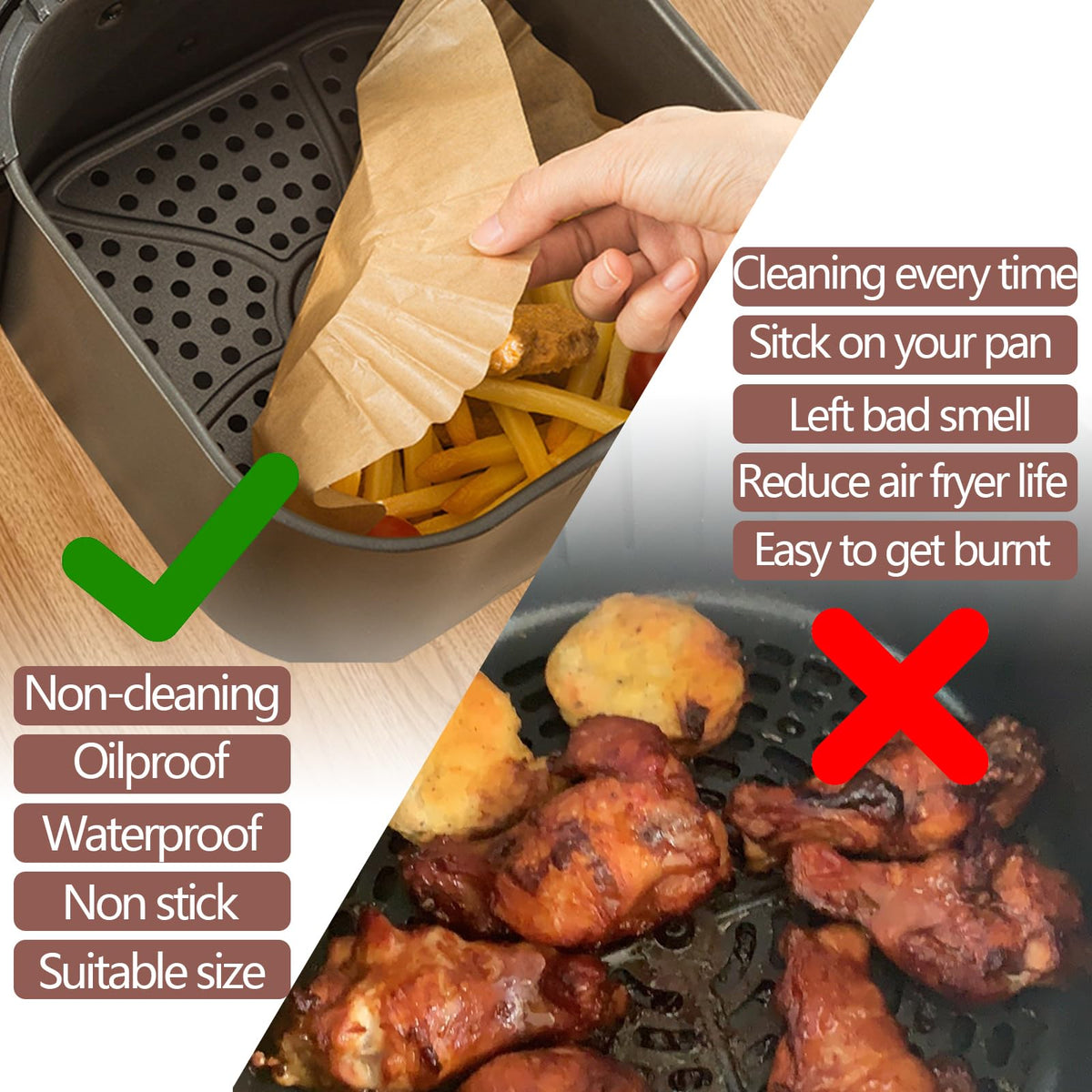 Non-stick surface helps lifting food cleanly from liners.