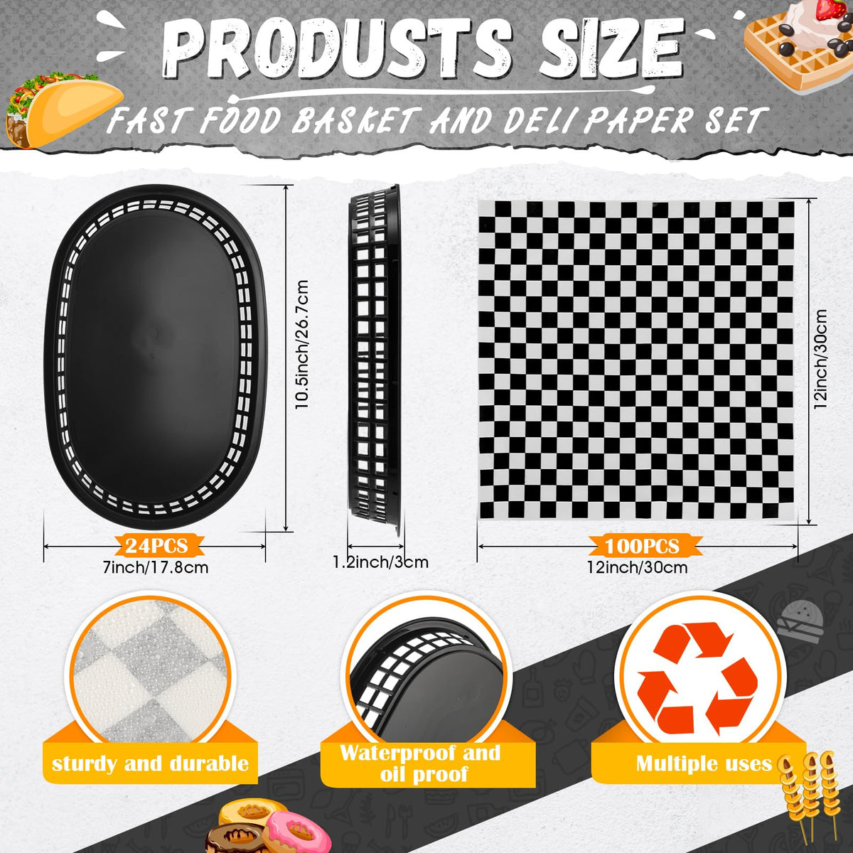 Uiifan black checkered deli liners paired with baskets for oil-free serving