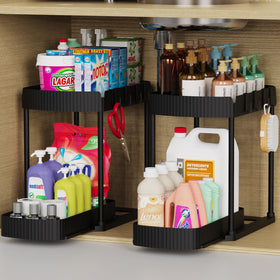 Ukeetap 2-pack pull-out under-sink organizer keeps cleaning supplies within easy reach.