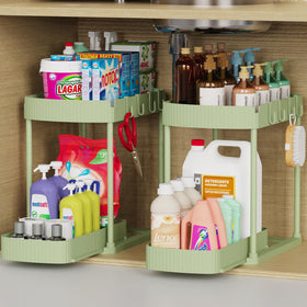 Ukeetap 2-pack pull-out storage organizers in green for tidy bathroom and kitchen spaces