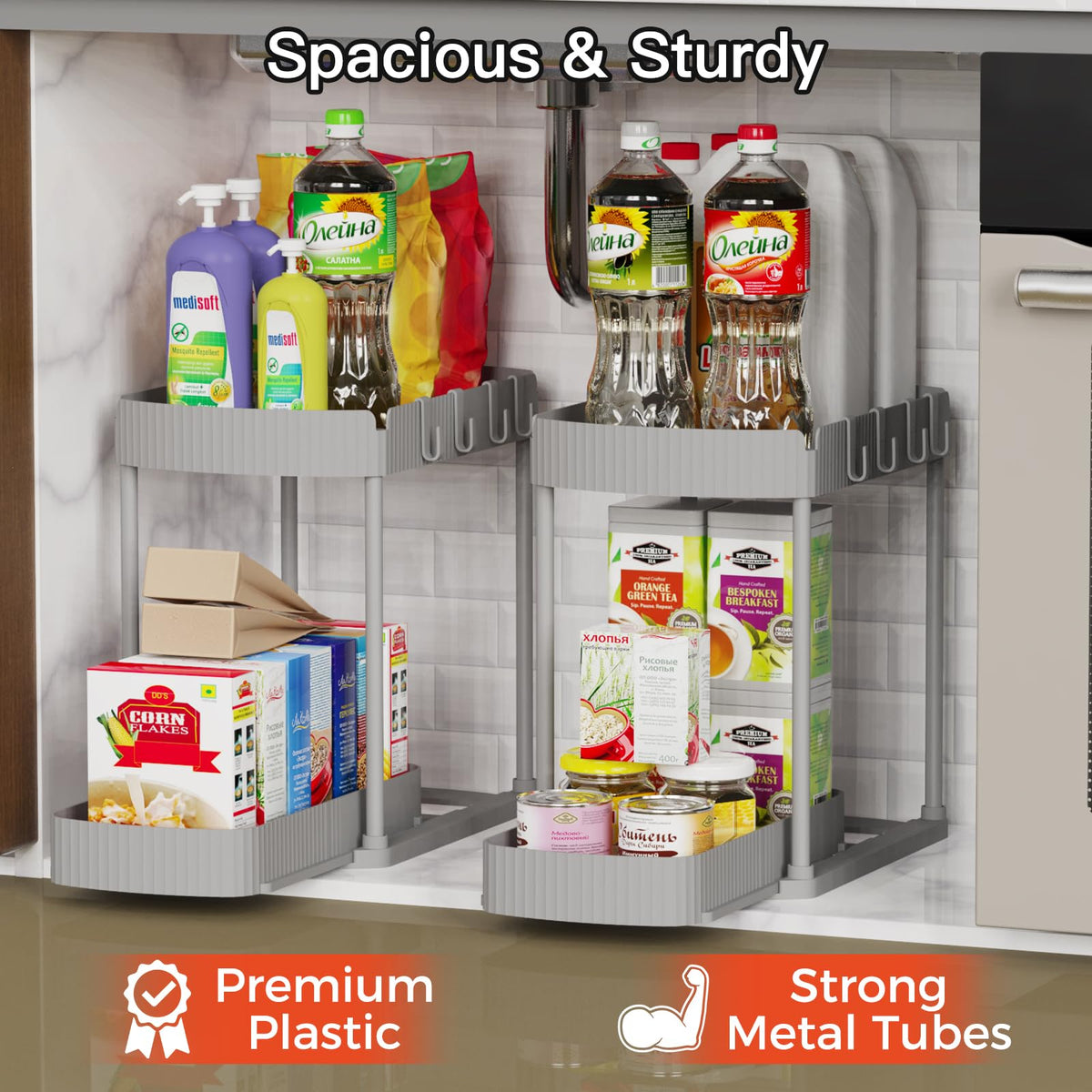 Ukeetap bathroom and kitchen organizer pulls out for quick item retrieval.