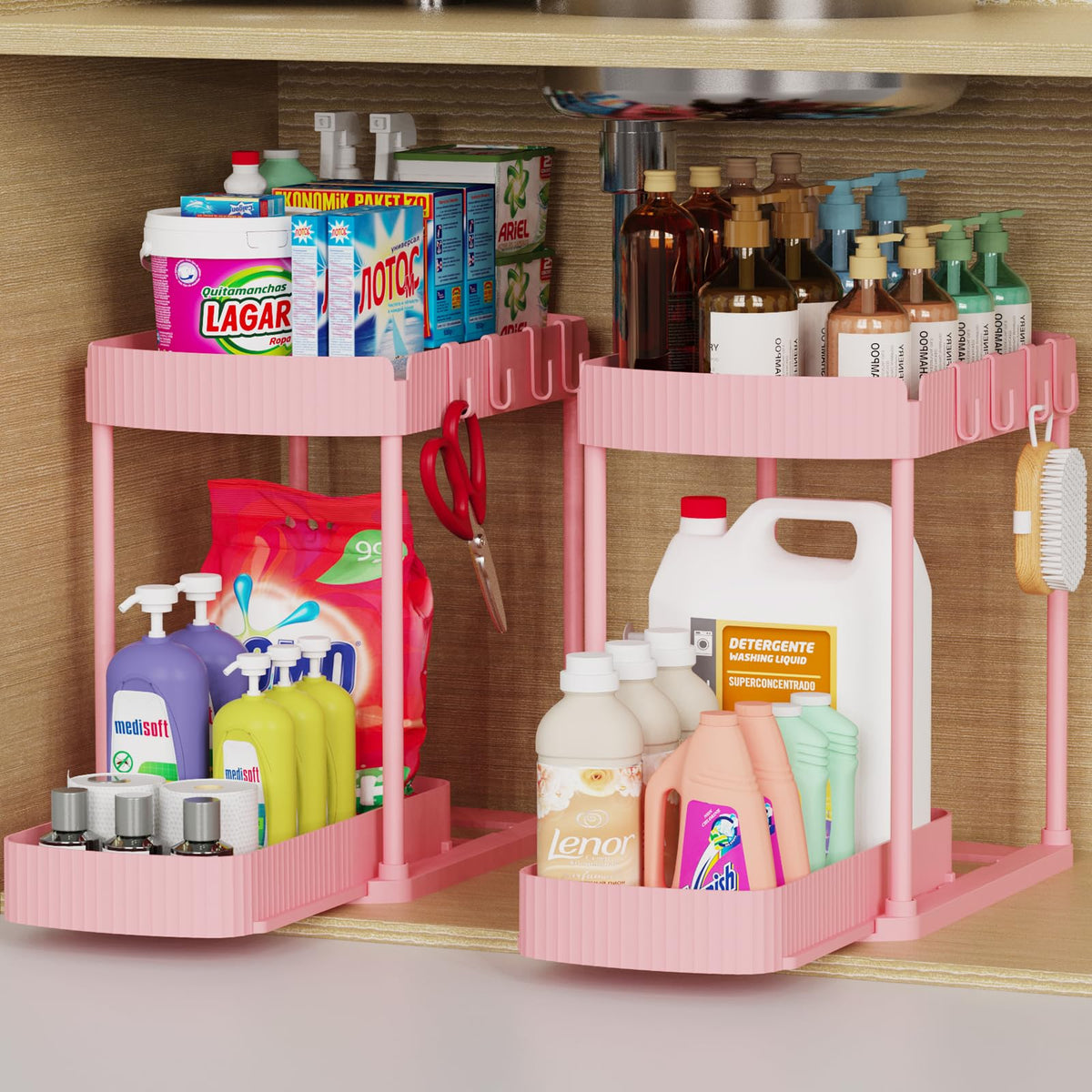 Ukeetap pink 2 pack pull out storage organizers under sink for easy access