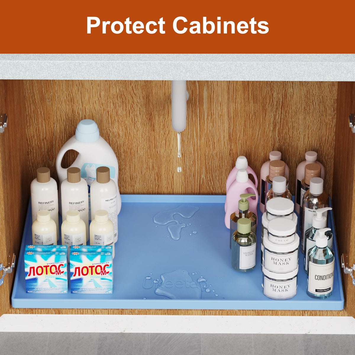 Ukeetap silicone mat used as kitchen cabinet liner in blue