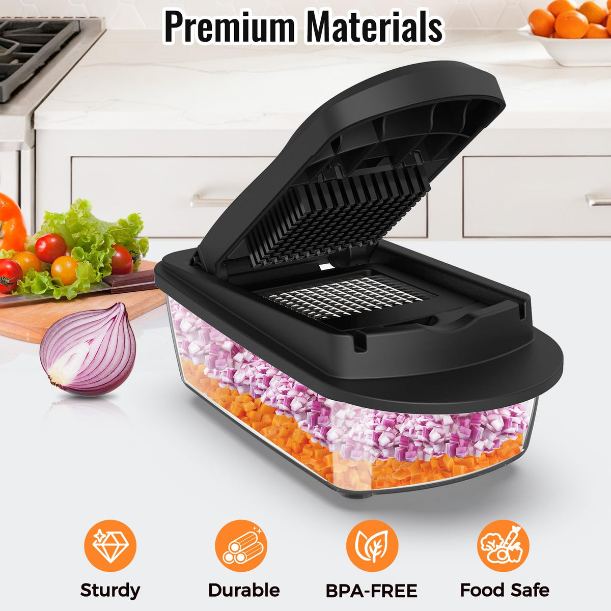 Ukeetap vegetable chopper container with 17L capacity keeps ingredients organized.