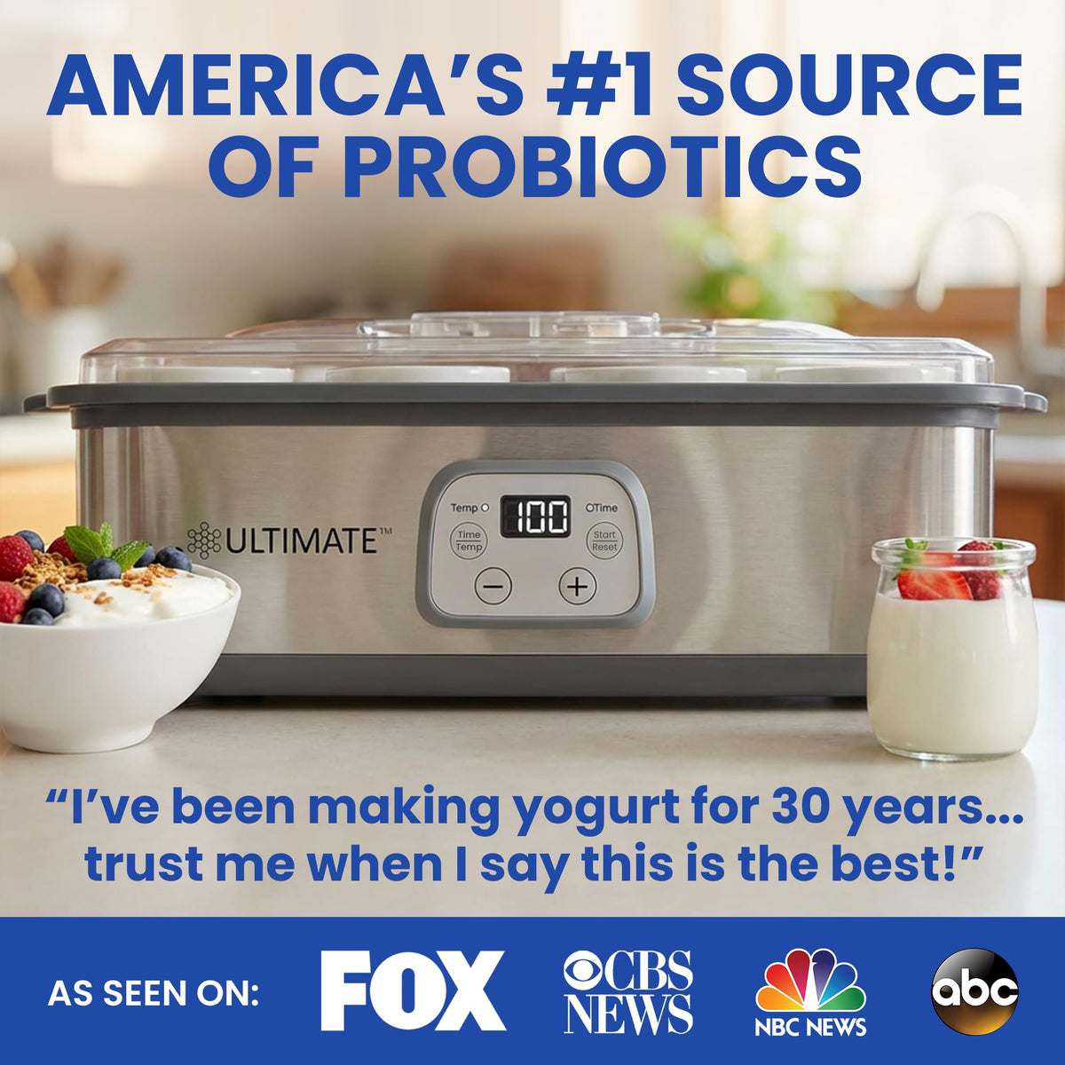 Ultimate Probiotic Yogurt Maker offers adjustable temperature for precise culturing.