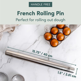 Ultra Cuisine stainless steel rolling pin with smooth surface for easy cleanup.