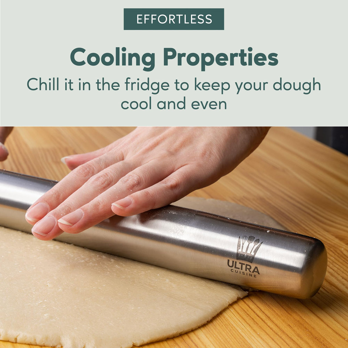 Ultra Cuisine stylish stainless steel rolling pin complements modern kitchens.