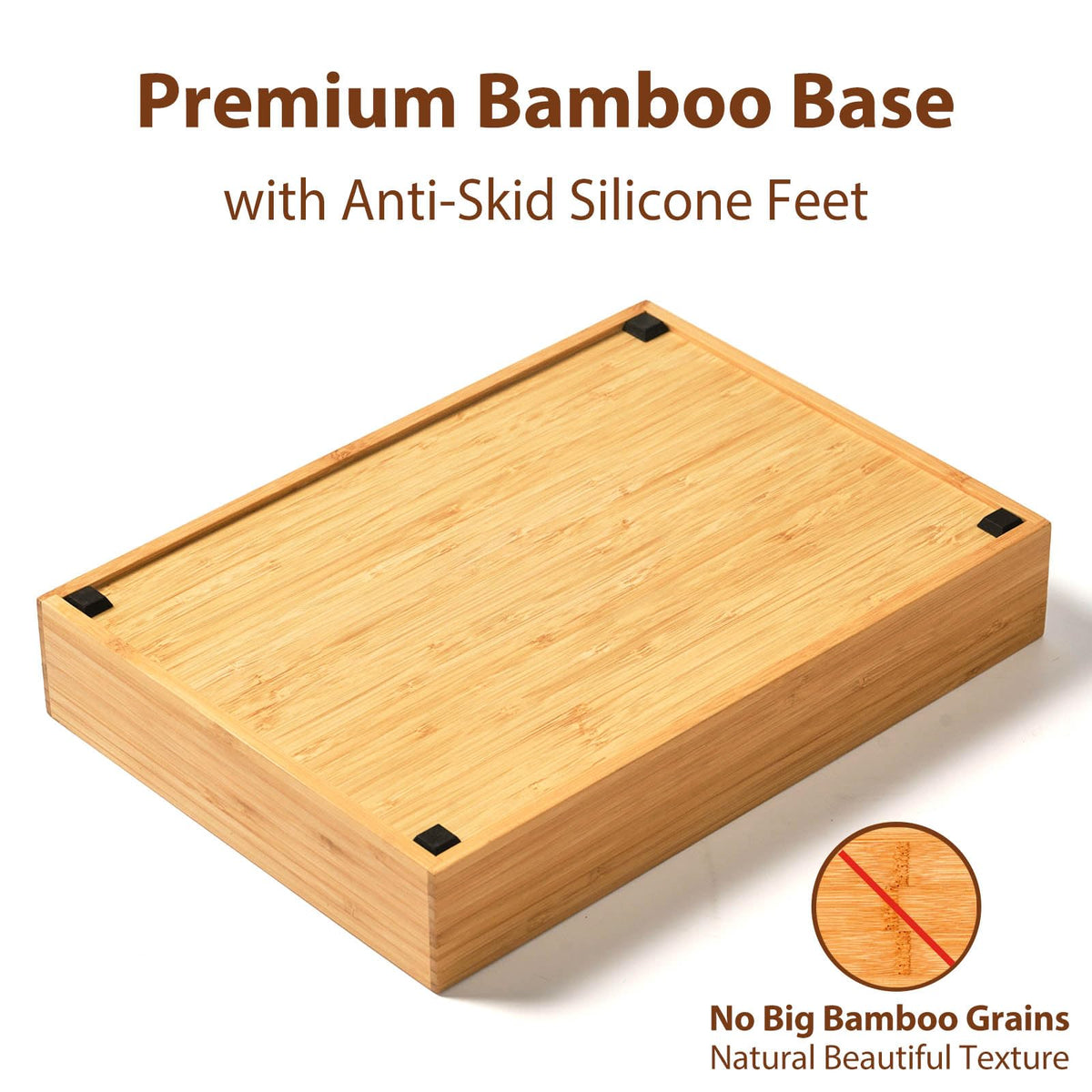 Umilife bamboo organizer with anti-skid feet to keep the drawer steady and quiet.