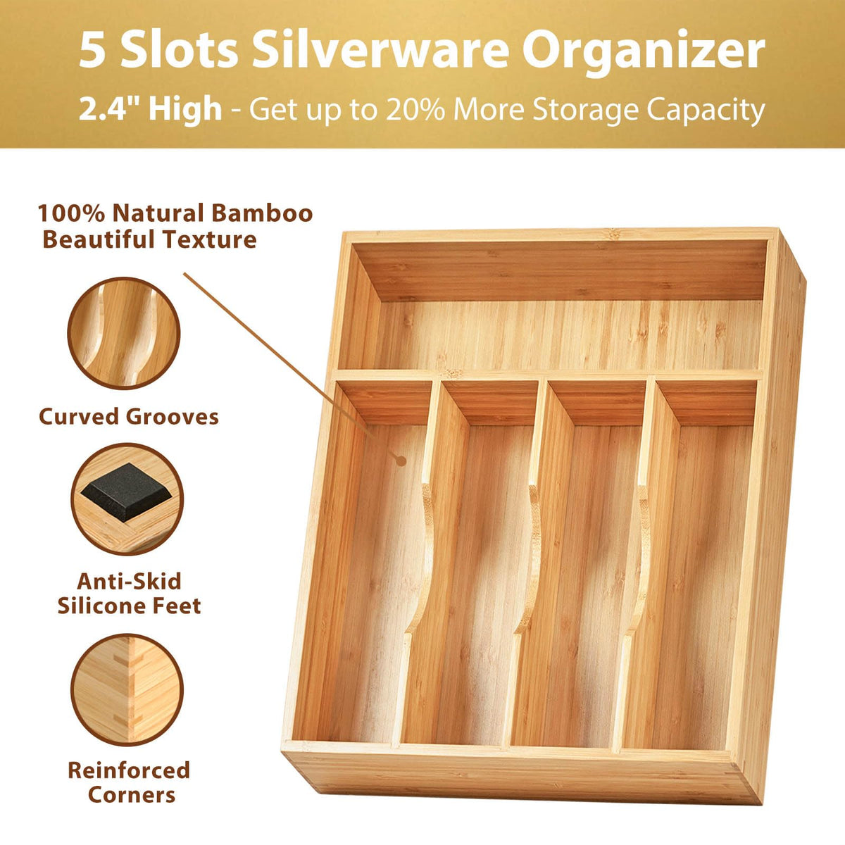 Umilife bamboo organizer showing knife and fork slots for tidy storage.