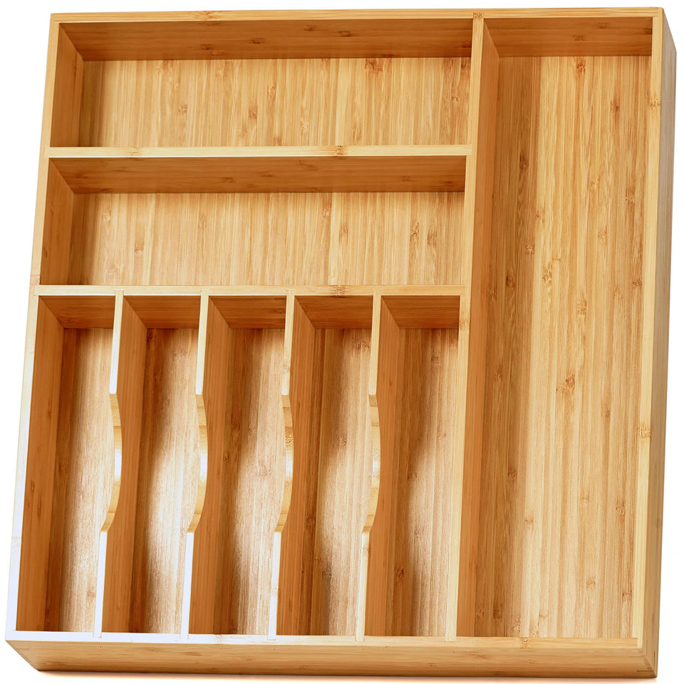 Umilife bamboo drawer organizer full-width fit for large drawers maintains order.