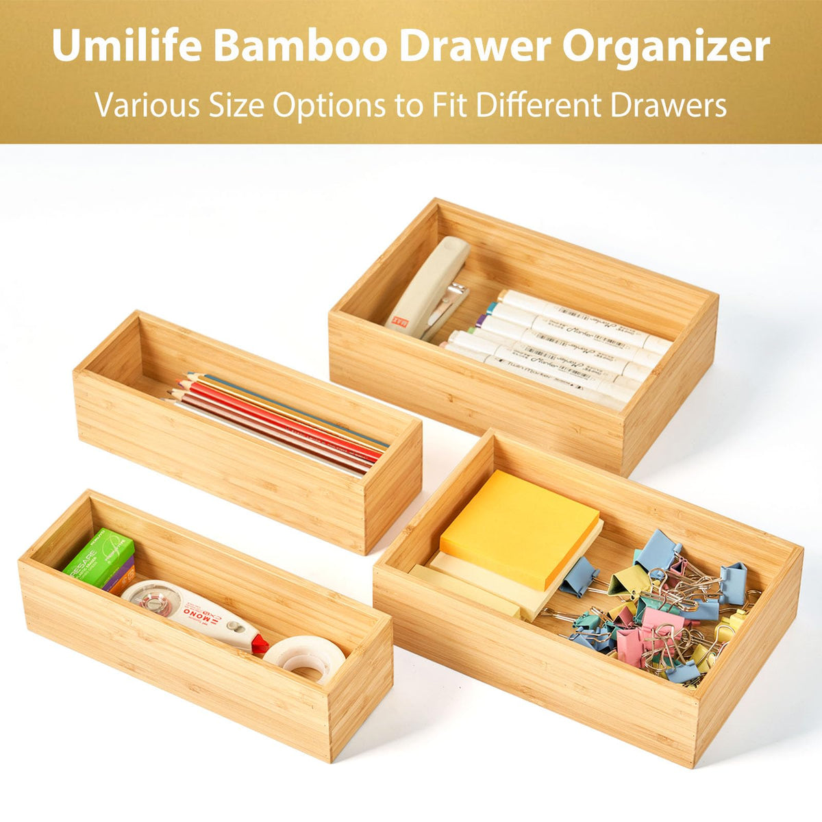 Umilife multi-use bamboo organizer helps store spices, office supplies, and more.