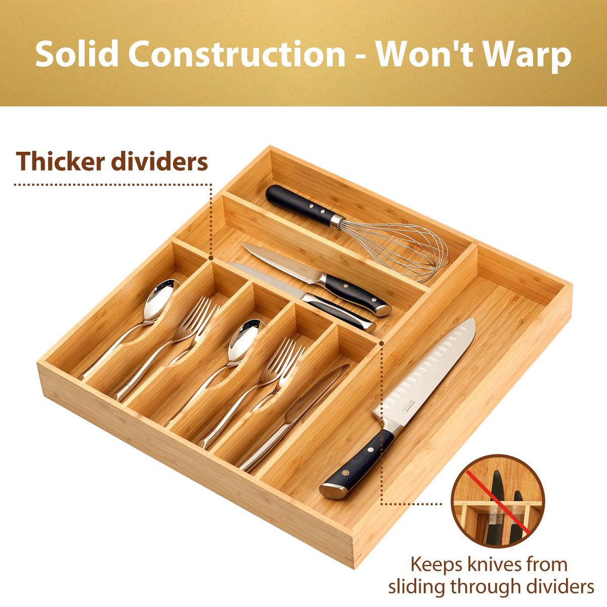 Umilife bamboo organizer thick frames prevent warping and keep knives safely separated