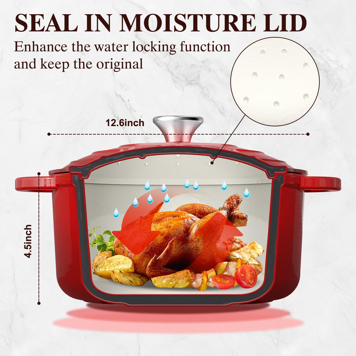 Lid of Umite Chef Dutch oven with tight seal to retain moisture for braises
