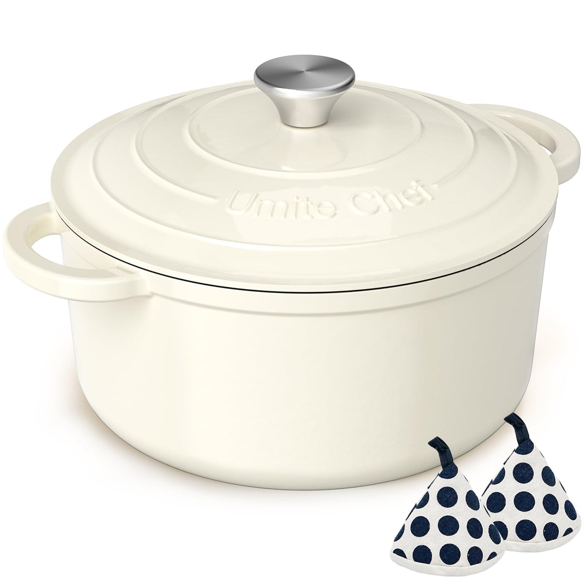 Umite Chef 5QT dutch oven with cream-white lid on, ideal for braising.