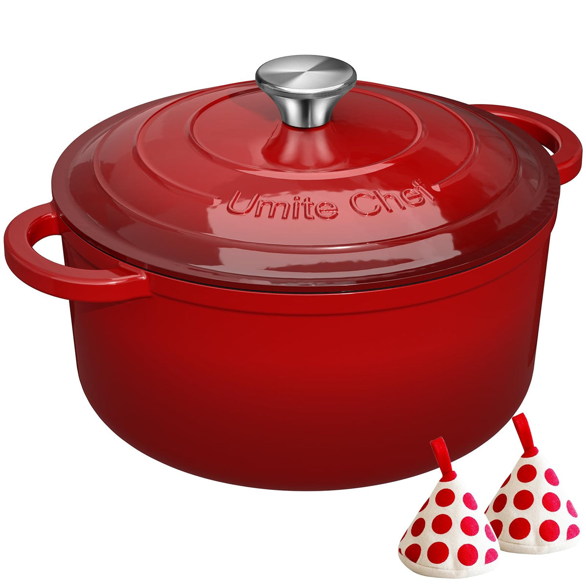 Umite Chef enameled cast iron Dutch oven in red showing 5QT capacity for even cooking